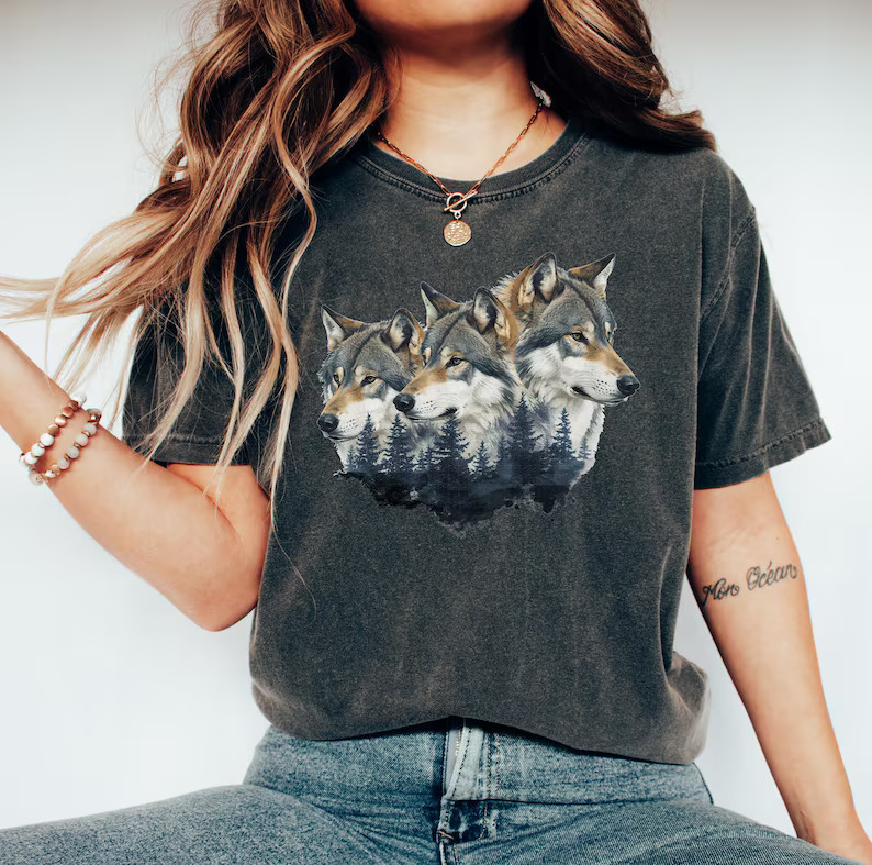 Three Wolf Heads Wildlife Animal Comfort Tee Shirt Nature Lover Gift
