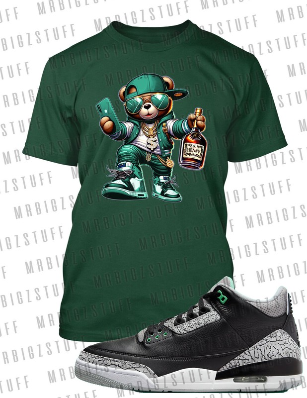 Mens Henny Bear Streetwear Pro Club Shaka Tee to Match J3 Green Glow Sneaker
