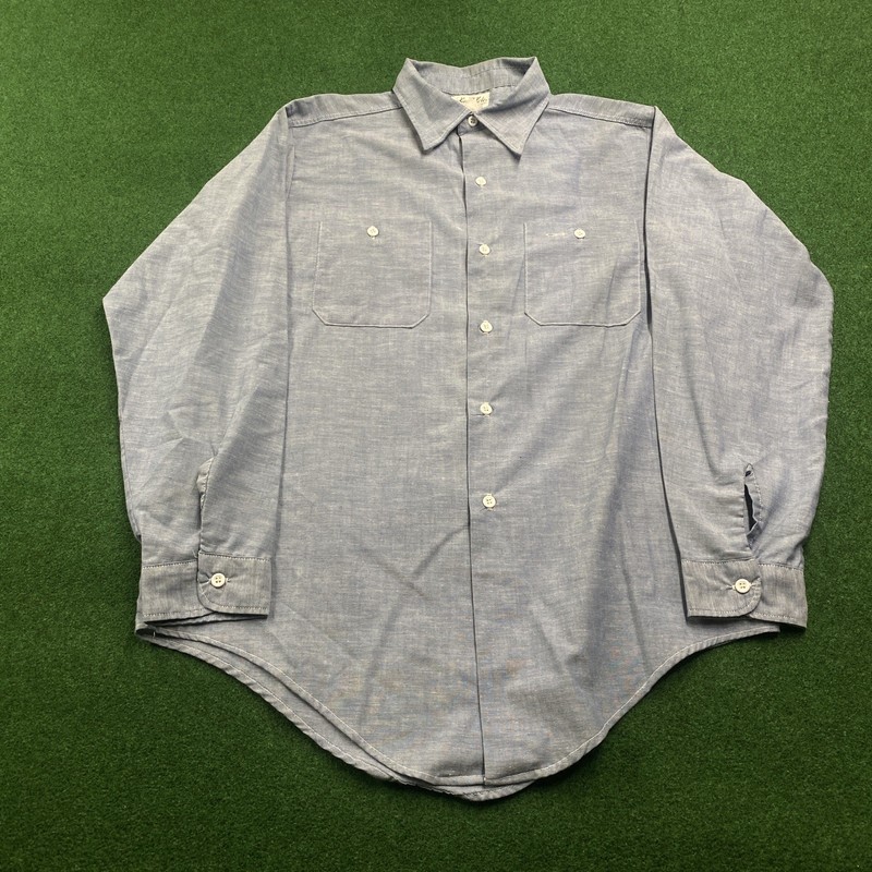 Vintage 60S King Kole Chambray Shirt Mens L Blue Denim Selvedge Cotton Work USA