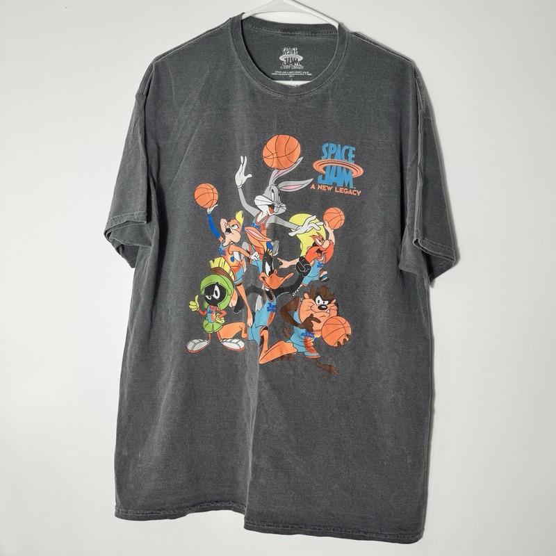 Vintage 1990s Space Jam Looney Tunes T-Shirt, Size Large, Black Grey Cartoons