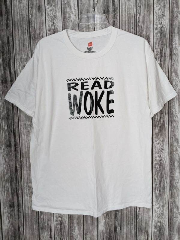 Unisex White Hanes Crew Neck T-shirt “Read Woke” Comfort Soft Large RN#15763
