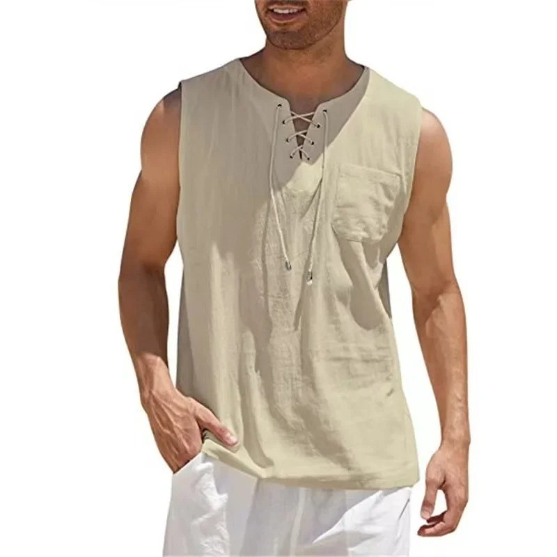 Men's Cotton Linen Sleeveless Lace Up Shirt Casual Retro V Neck Loose Tank Top V gallery