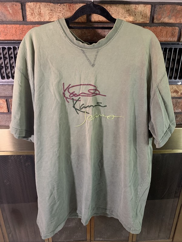 Vintage 80’s Karl Kani Jeans Embroidered Green Thick Cotton T-shirt Mens 2XL