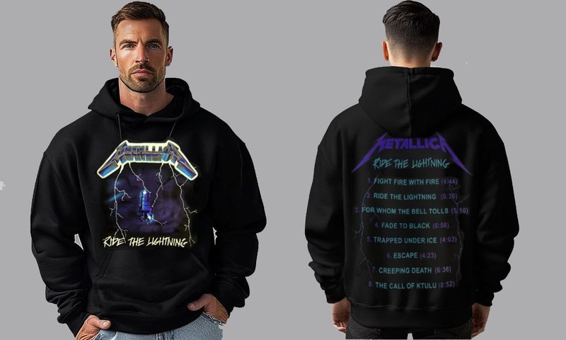 METALLICA RIDE THE LIGHTNING BLACK HOODIE MEN’S 100% SILK SCREEN