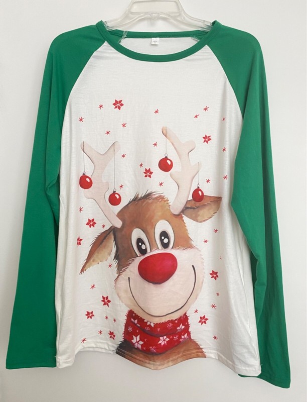 Red, White, Green Rudolph Reindeer Long Sleeve Christmas Shirt Unisex sz Med/Lg