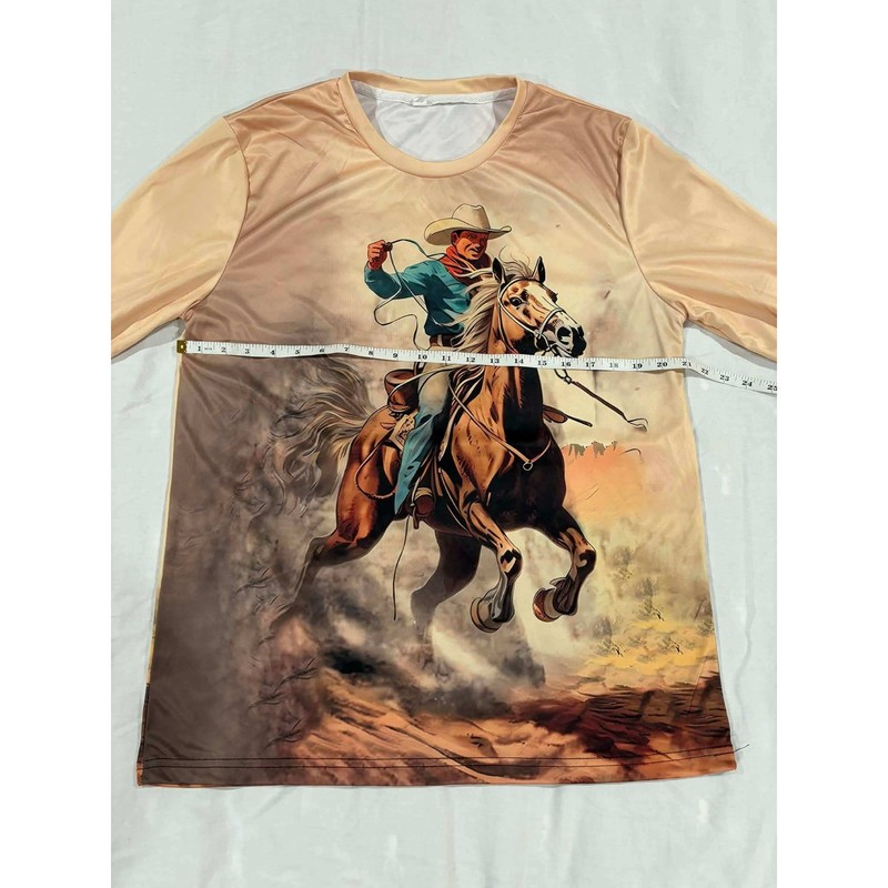 Mens Long Sleeve Graphic Tee Cowboy Horse Riding Western Style Shirt gallery