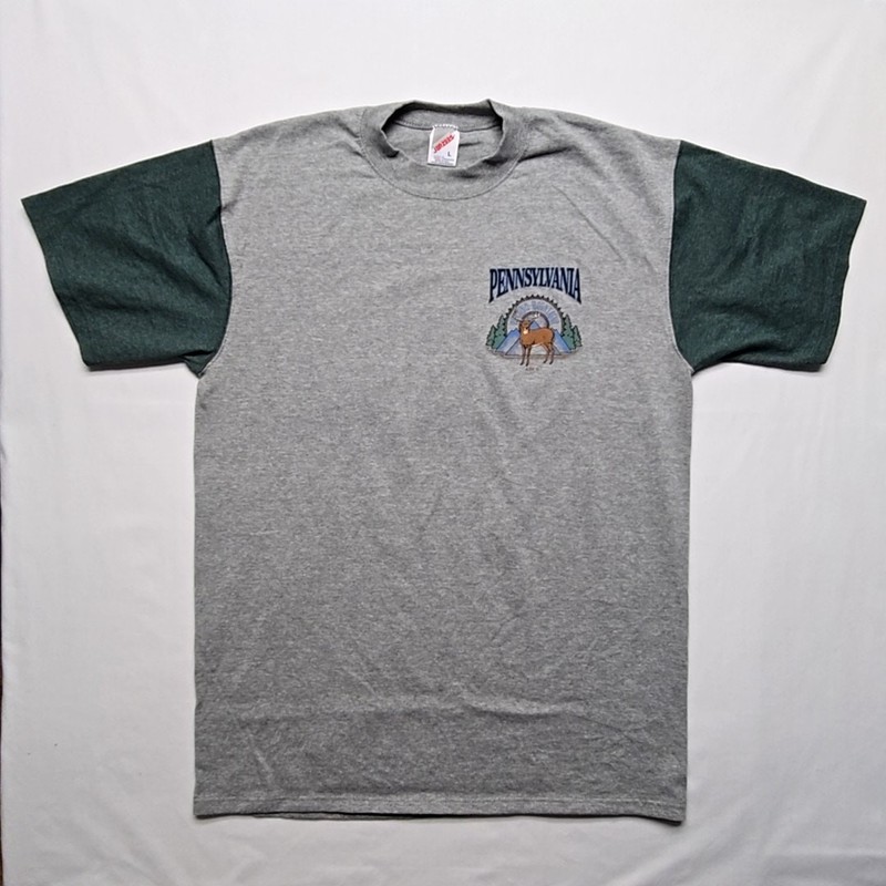 Vintage Pennsylvania Shirt Deer Nature Gray Green Mens Large Colorblock Tee