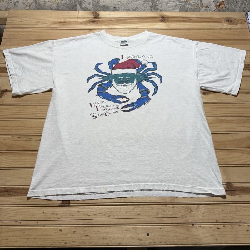 Vintage 80s 90s Maryland Blue Crab Happy Holidays From Santa Claws Shirt 2XL