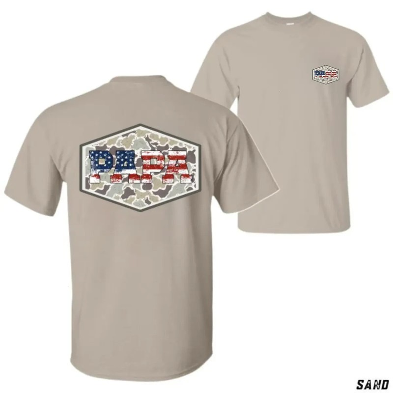 Papa Camo USA Flag T-Shirt 100% Cotton Patriotic Dad Graphic Tee Hunting Style