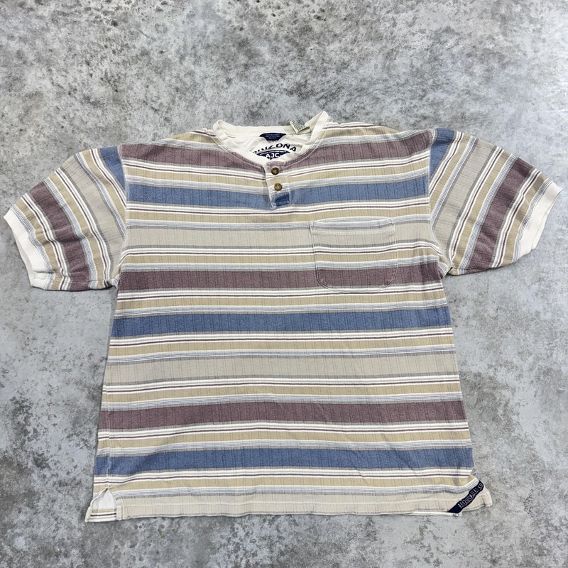 Arizona Jean Co Shirt Mens Small Tan Blue Striped Henley Pocket knit preppy