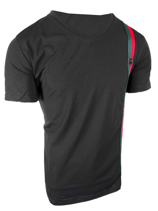 Mens T- Shirt Italian Side Sport Stripe Badge V-Neck Slim Fit Stretch Casual gallery