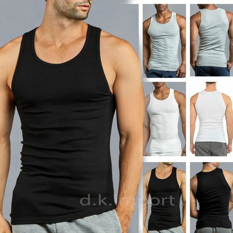 3 Pc Men 100% Cotton A-Shirt Tank Top Ribbed Undershirt Wife Beater Black Muscle gallery