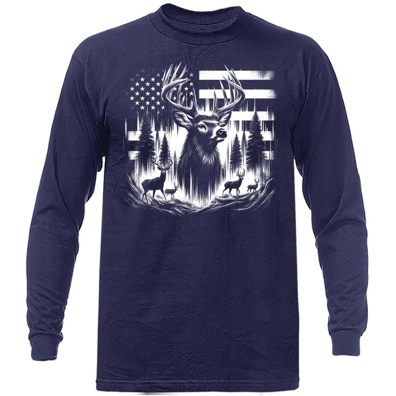 American Flag Deer Hunting Buck Wildlife Wilderness Outdoor Nature Long Sleeve