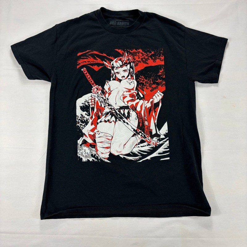 Bad Habits Anime Oni Samurai Graphic T Shirt Black Red Streetwear Size M