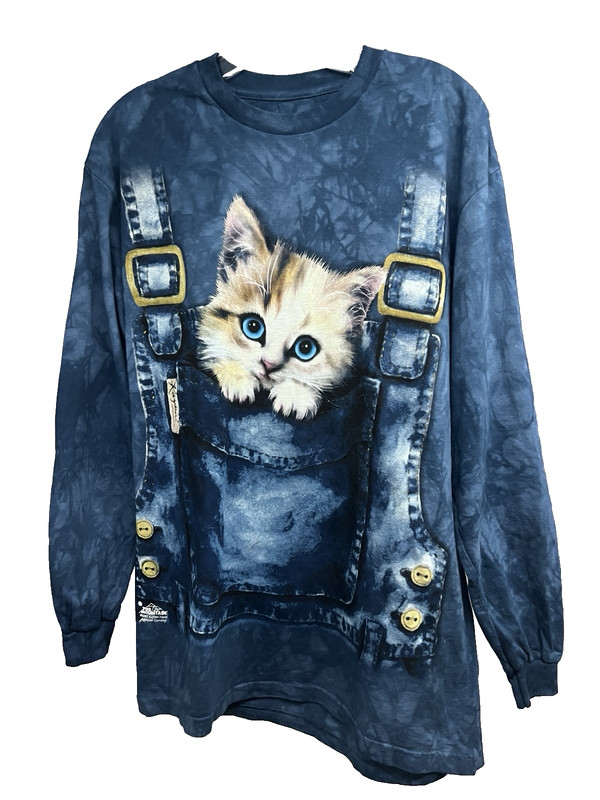 The Mountain Mens Blue Tie Dye Pocket Kitten Graphic T-Shirt Medium Stretch