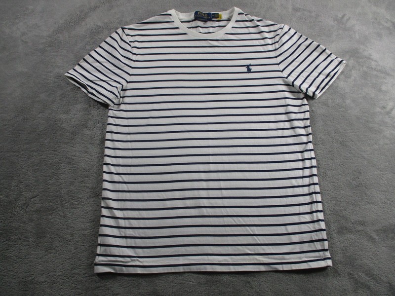 Polo Ralph Lauren Shirt Mens Medium White Navy Striped Custom Slim Fit Logo Tee