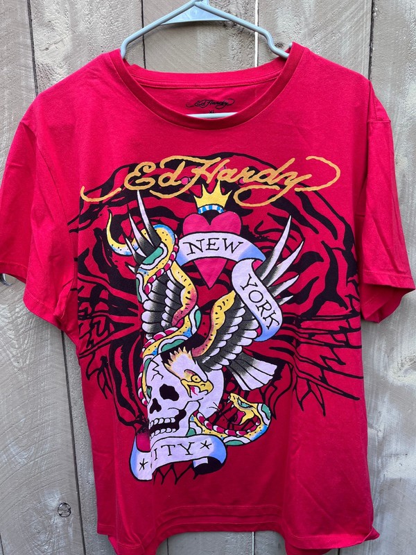 Ed Hardy New York City Skull/Eagle/Snake Graphics RED Tshirt – Unisex Men’s XL