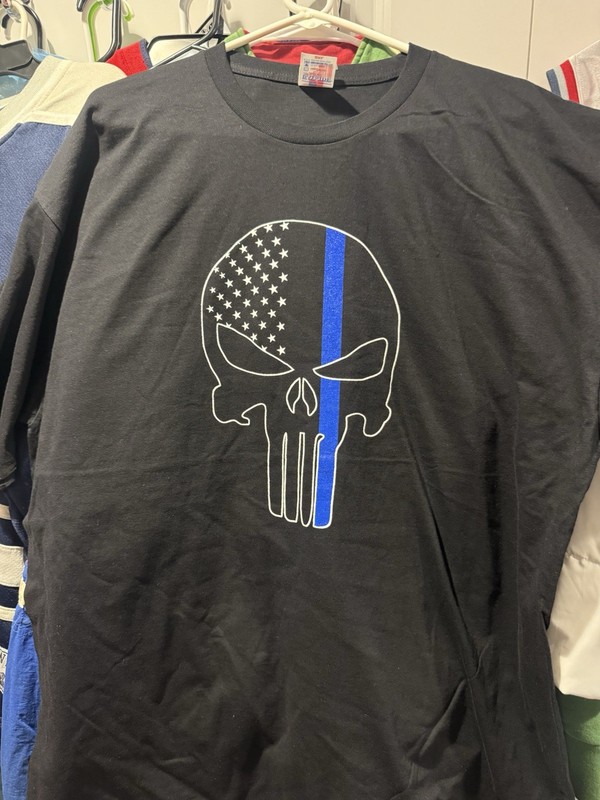 🚔 Thin Blue Line 🚨 Punisher Skull Support Police Black Tee T-Shirt 2XL 🆕