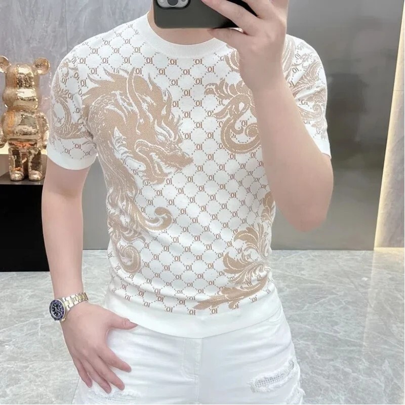 New Men Luxury Dragon Printed Jacquard Fashion White Knit T-Shirt High Quality