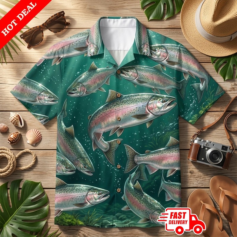 Salmon Fish Summer Men Hawaiian Shirt, Fisherman Shirt, Fishing Gift, Hawaiian