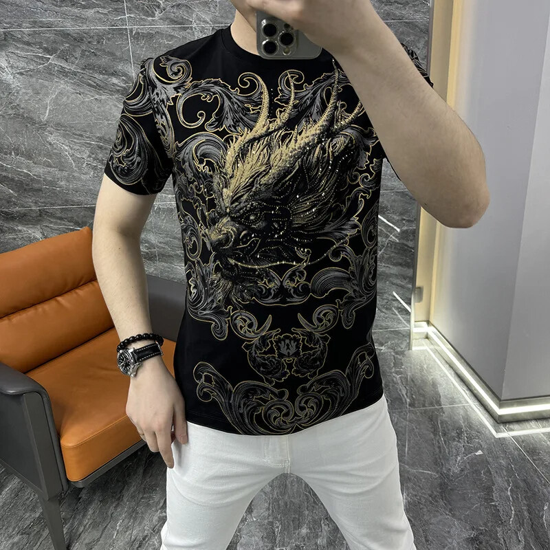 New Men Luxury Dragon Trend Rhinestones Diamonds Fashion Summer Black T-Shirt gallery