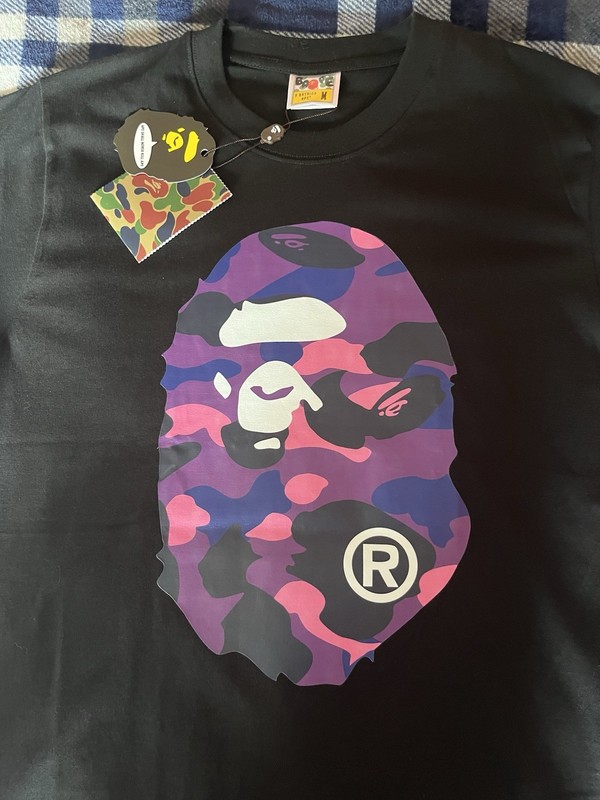 A Bathing Ape Ape Head Camouflage Graphic Tee Black Purple Pink Medium