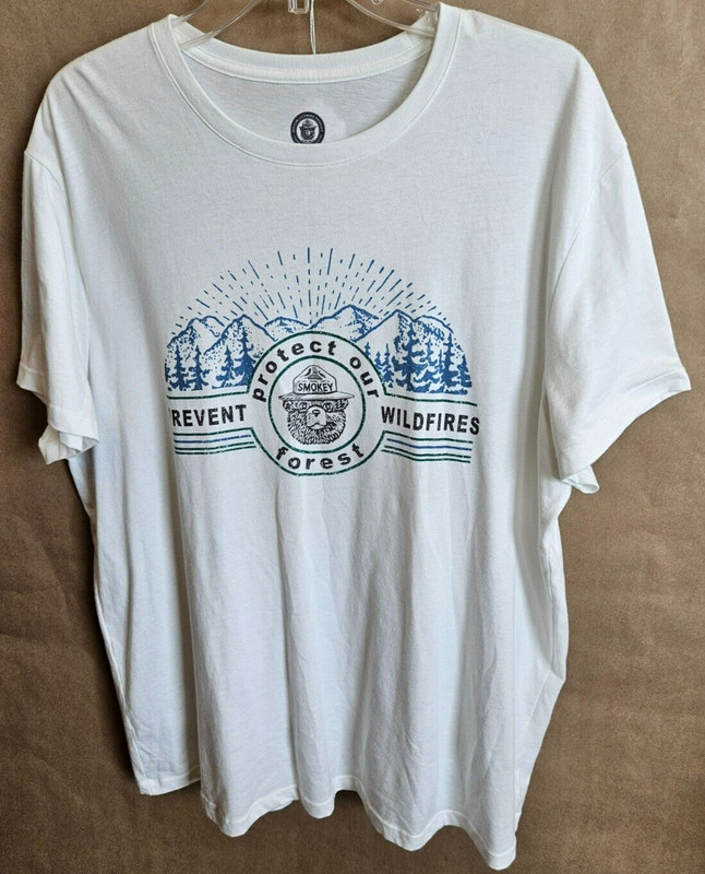 SMOKEY THE BEAR UNISEX T-SHIRT CREW NECK STRAIGHT HEMLINE WHITE SIZE XL #4178
