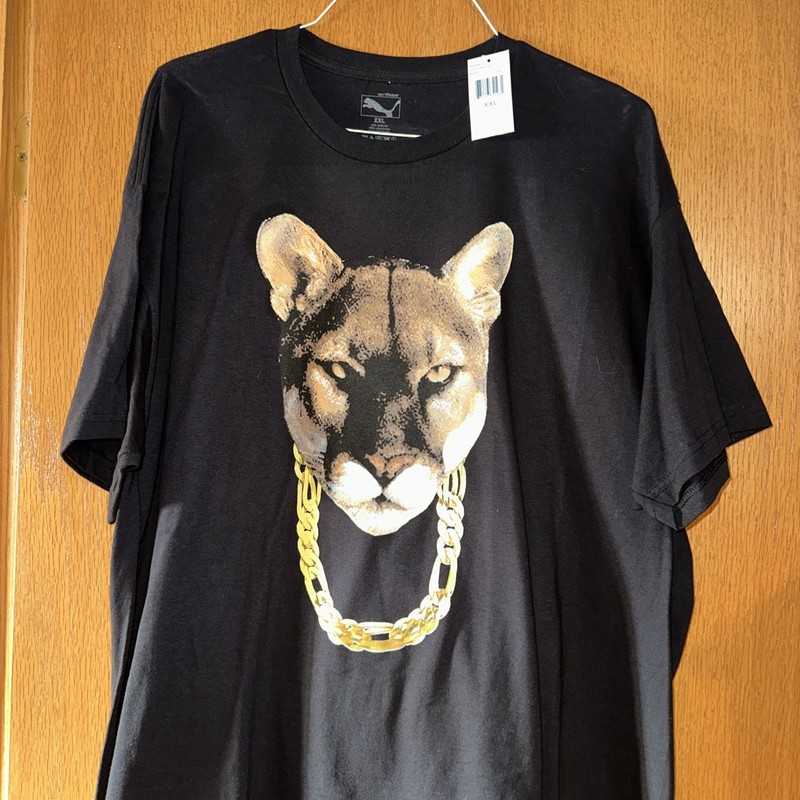 PUMA Graphics Gold Chain Cat T Shirt Men’s Size 2XL Black Tee Cougar NWT