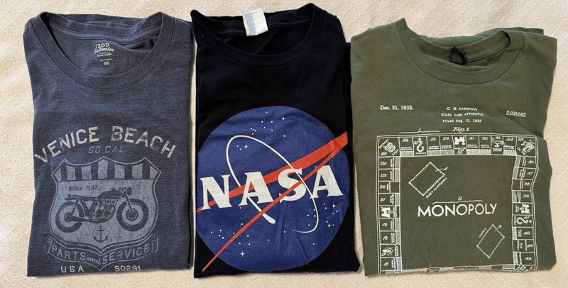 3pc Mens 2XL Tshirt Tee Lot: NASA Space,Monopoly Game, Venice Beach Speed Shop