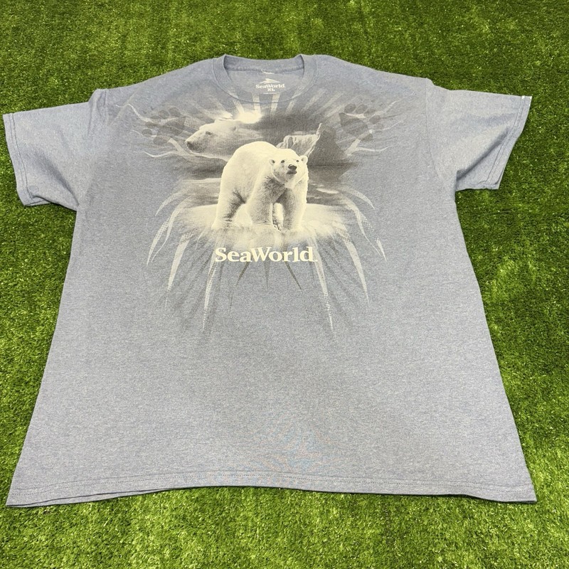 Mens SeaWorld Polar Bear Wild Life Graphic Short Sleeve T-Shirt Blue Size XL