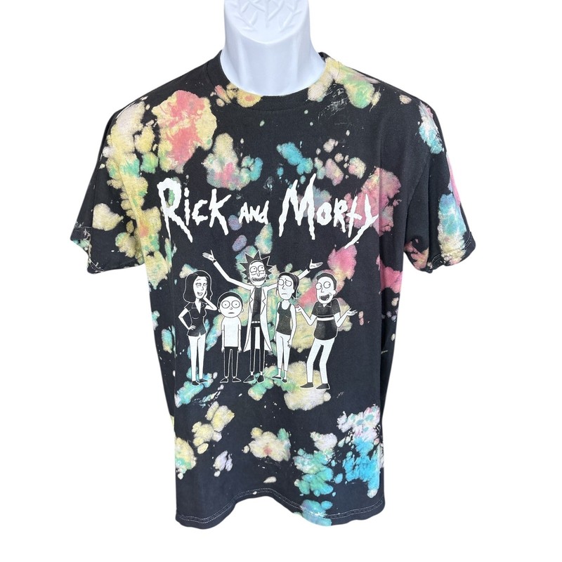 Adult Swim Rick & Morty Colorful Bleach Splatter Tie Dye Graphic Tee,Size Medium