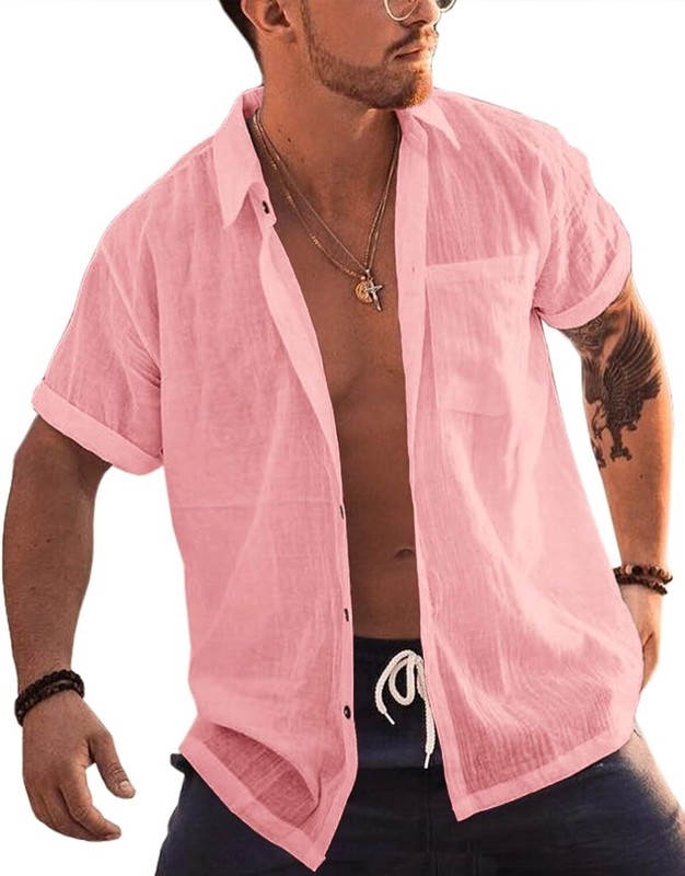 Men’s Short Sleeve Button-Up Linen Cotton Beach Shirt – Spread Collar Tops