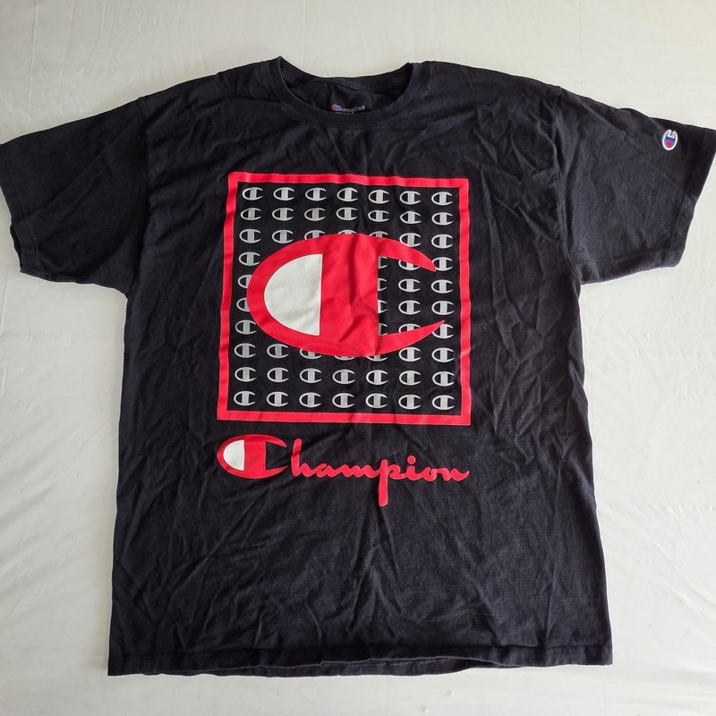 Champion Shirt Mens Large Black Big C Logo Box Graphic Tee Athletic Sports