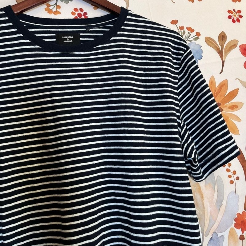Superdry Mens M Black White Striped Classic Preppy NYC Spring Summer Fall Tee