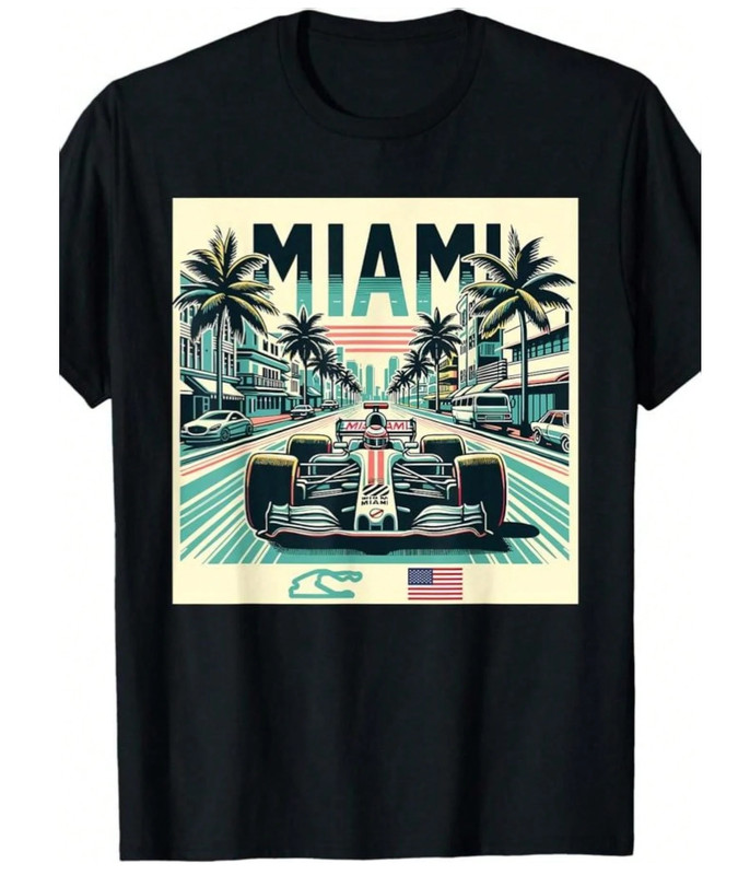 Miami Circuit F1 T-Shirt Retro Open Wheel Racing Car American Flag Tee Men