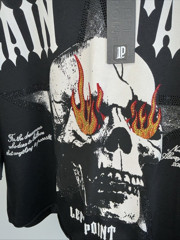 Left Point Men’s Tee OS Fit Black Rhinestone Flame Eyes Size 3xln NWT gallery