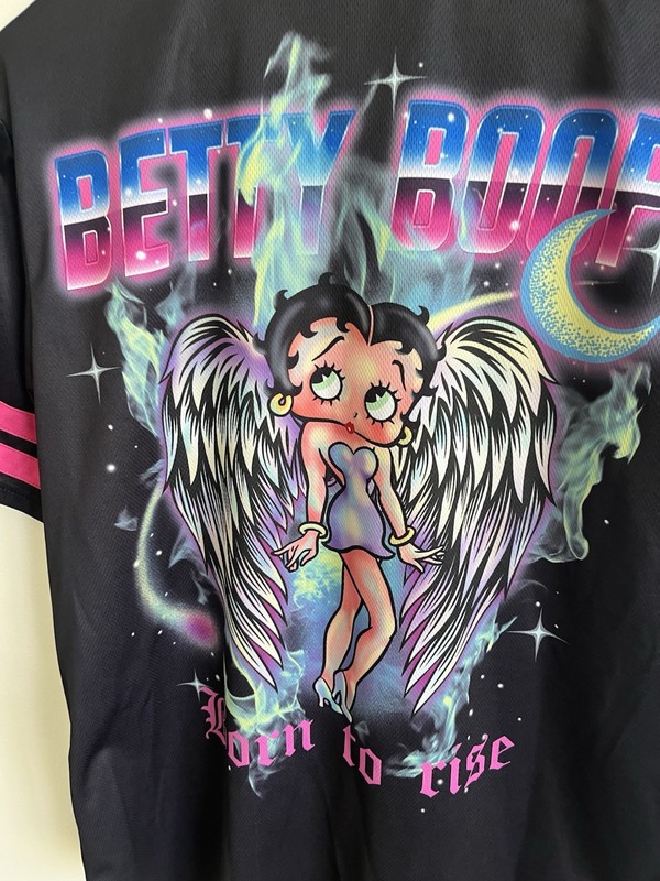 Betty Boop Shirt Jersey M Adult Black Pink Button Baseball Wings Flames Star Y2 gallery