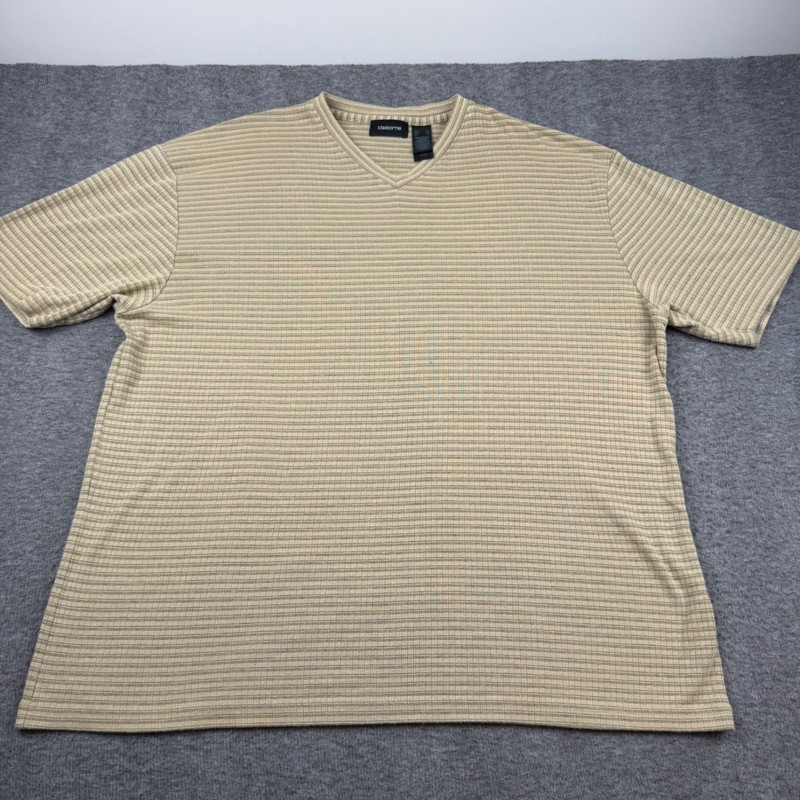 Claiborne V-Neck Shirt Men’s XL Tan Horizontal Micro Stripe Short Sleeve Cotton
