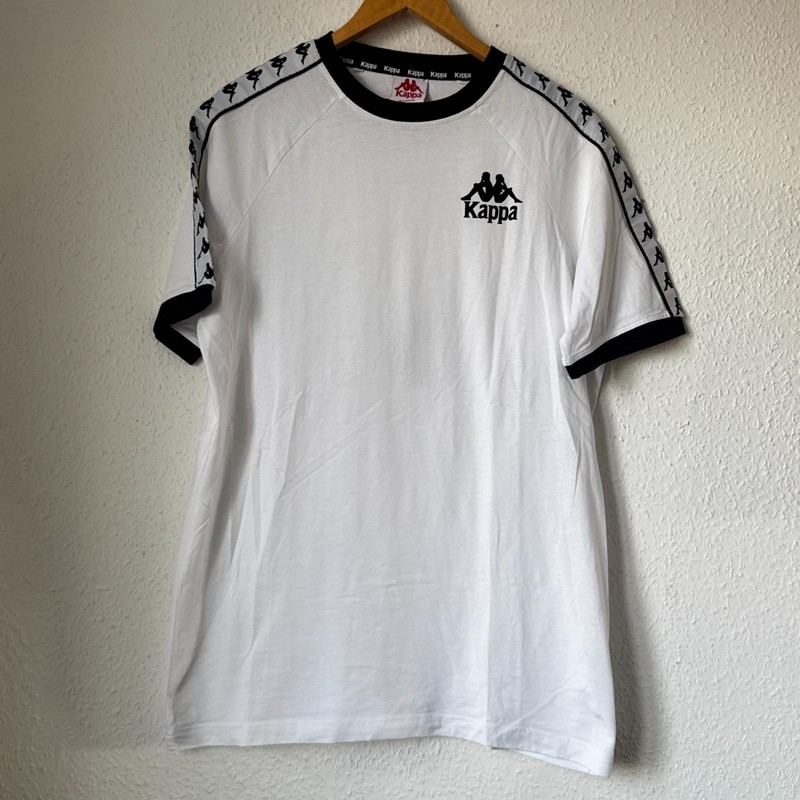 Kappa Banda T-Shirt – White/Black Ringer Tee with Logo Tape Sleeves – XL