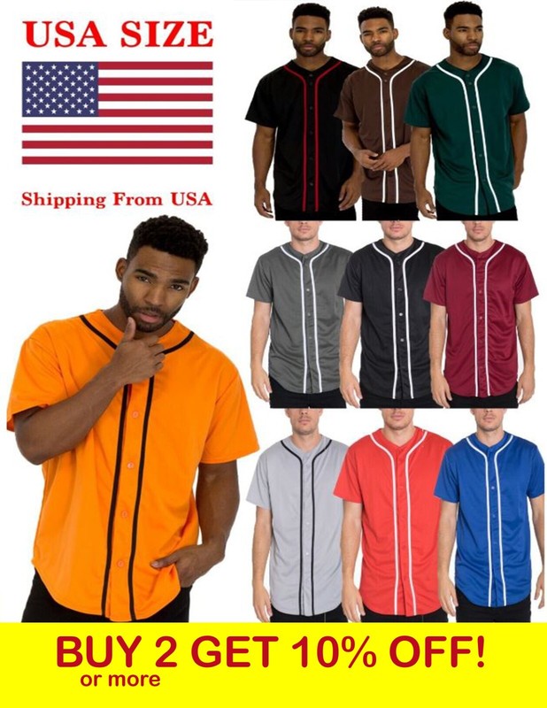 Mens Baseball JERSEY Raglan Plain T Shirt Team Sport Button Fashion Tee Casual