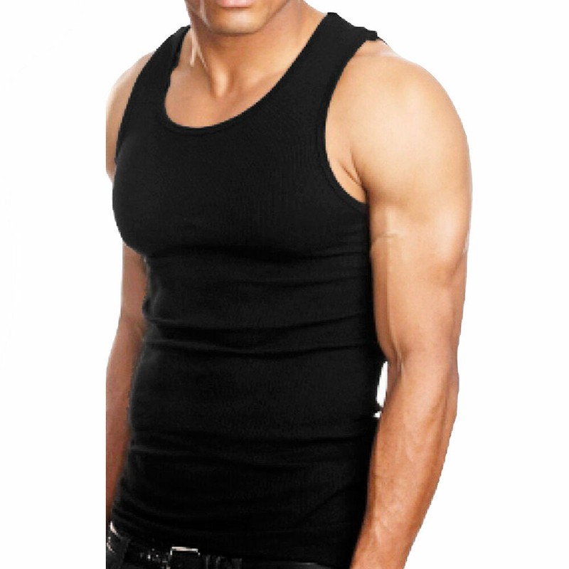 3 Pc Men 100% Cotton A-Shirt Tank Top Ribbed Undershirt Wife Beater Black Muscle gallery