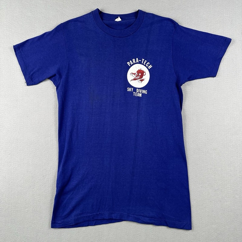 Vintage 70s Para Tech Sky Diving Team Shirt Large Blue Devil Logo Single Stitch