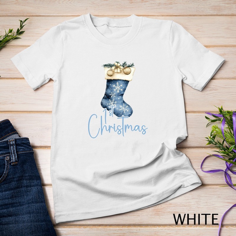 Blue and White Snowflake Christmas Stocking Funny Christmas Shirt Unisex T-shirt