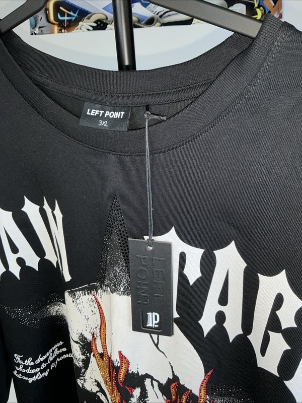 Left Point Men’s Tee OS Fit Black Rhinestone Flame Eyes Size 3xln NWT gallery