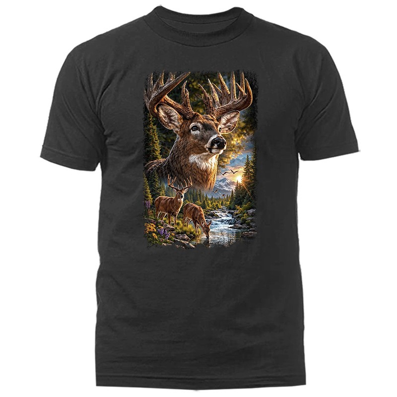 Buck Mountain River Scene Forest Whitetail Deer Wilderness T-shirt