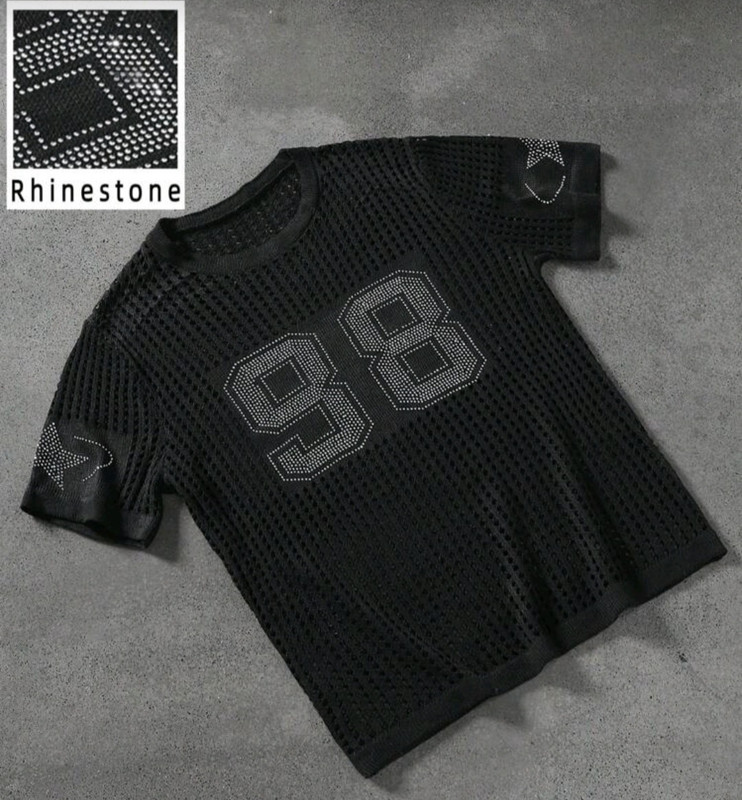 New Men Luxury Diamond Rhinestones Fashion Black Knitted T-Shirt High Quality