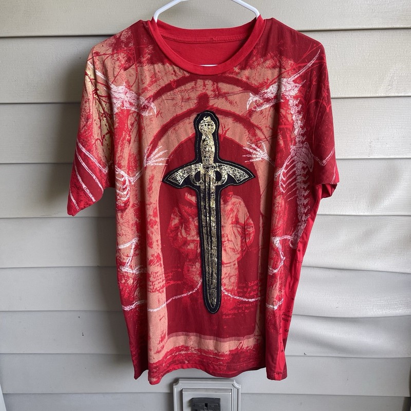 Mens All Over Graphic Y2K T Shirt Size M Red Alternative Punk Cross Grunge