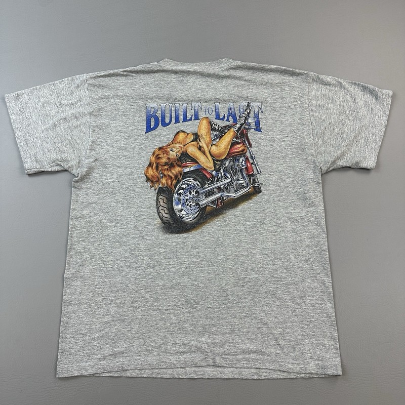 Vintage Fruit of the Loom Shirt Mens Large Gray Biker Girl Motorcycle 90s Y2K