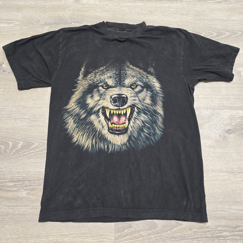 Vintage American Thunder Wolf T Shirt Large Black Faded Graphic Print Tee 90s