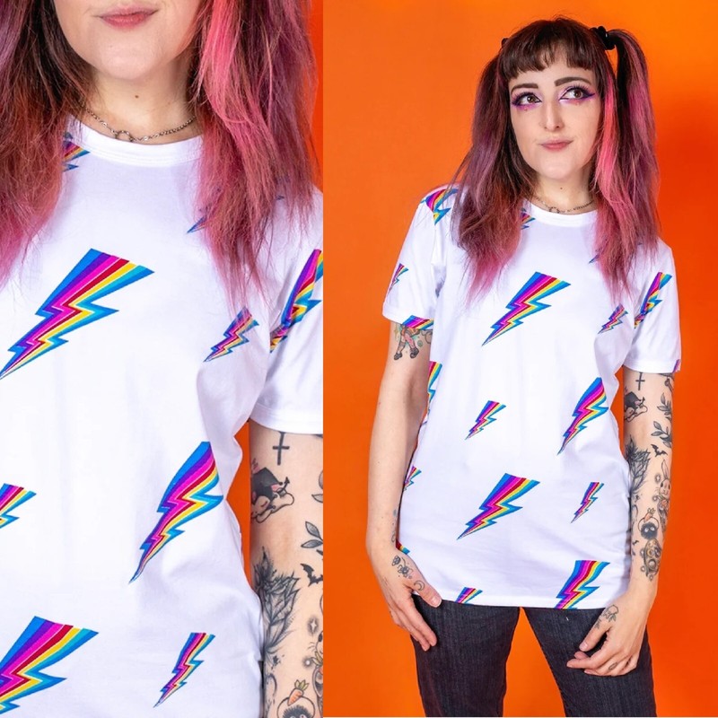 RUN AND FLY Rainbow Lightning Bolt Print T Shirt Retro Unisex XS-XXL White